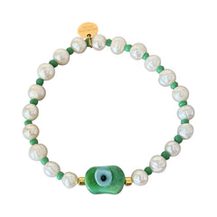 Green Murano Glass Evil Eye Freshwater Pearl Bracelet