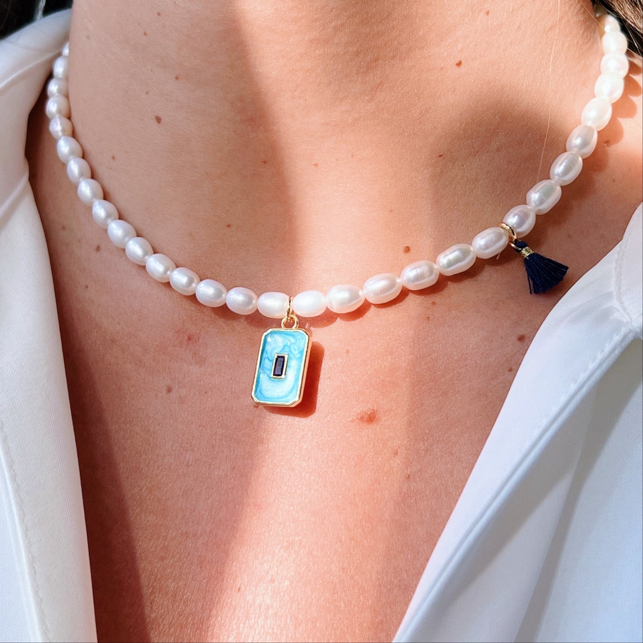 Blue Square Pearl Necklace