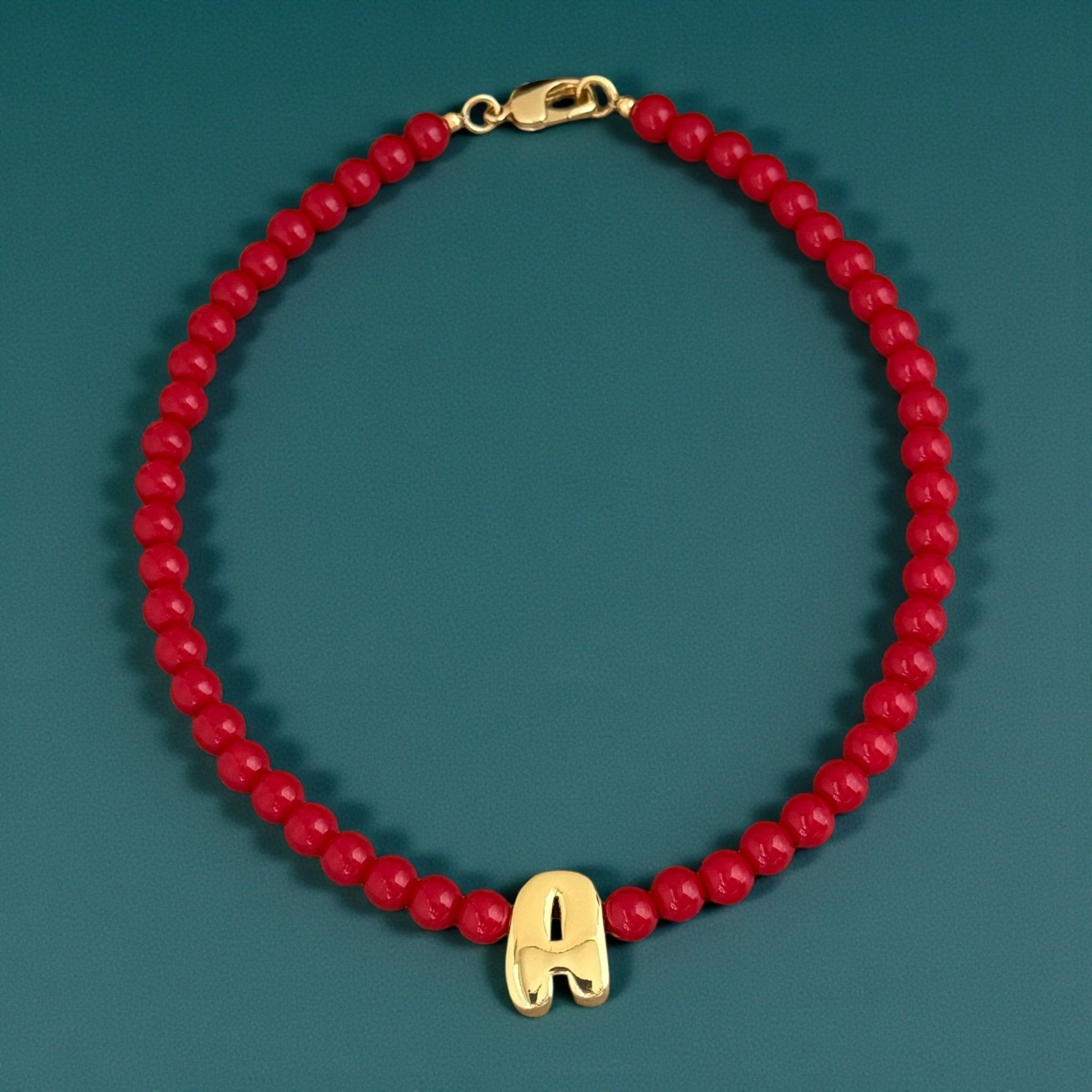 Bubble Initial Red Beaded Necklace