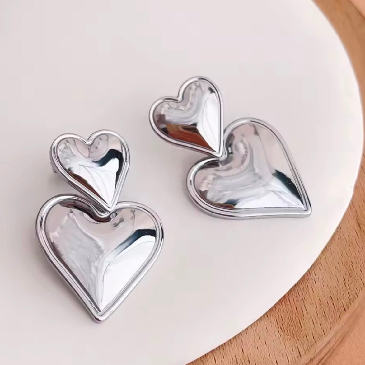 Double Heart Earrings Silver
