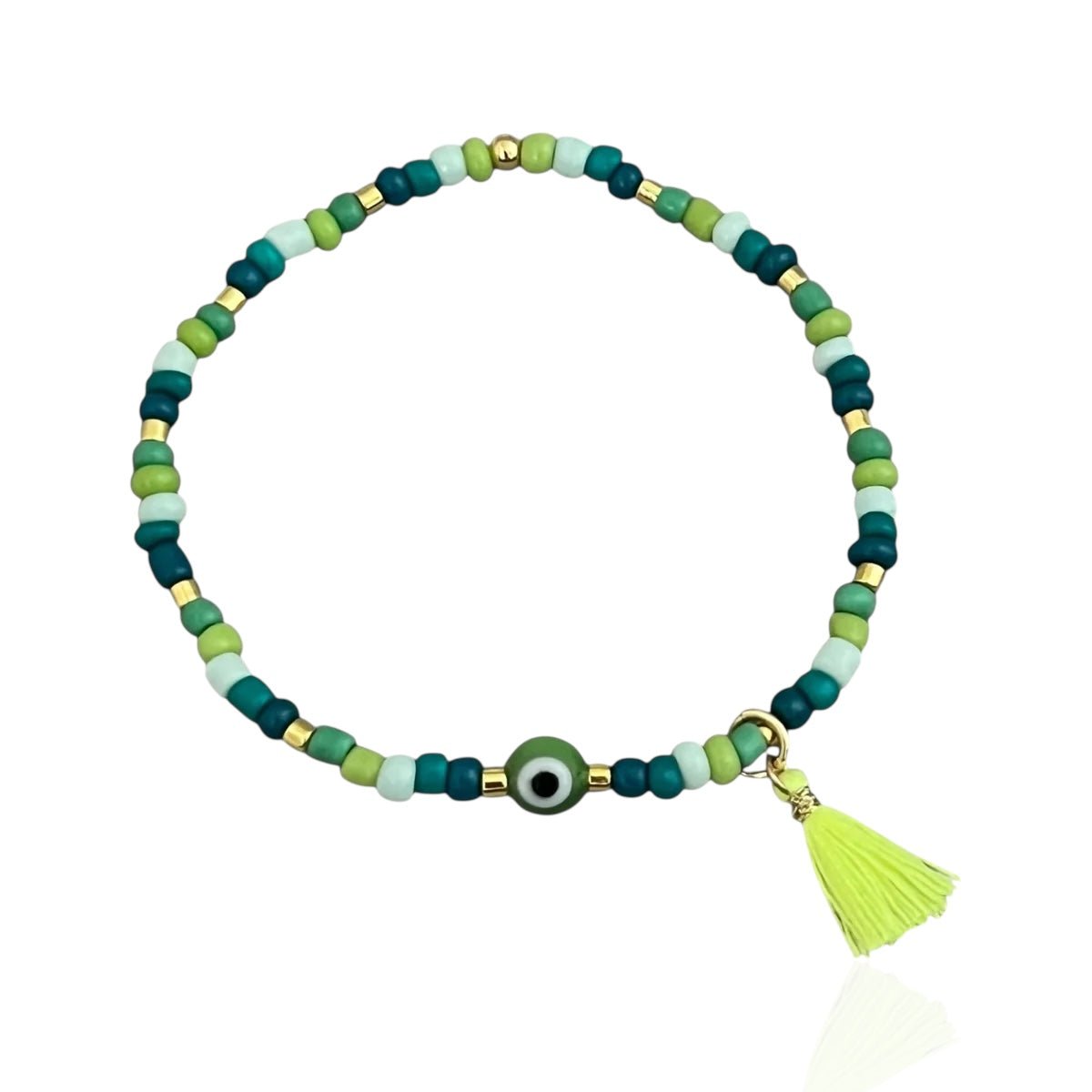 I carry balance and healing energy — Green Evil Eye Beaded Bracelet