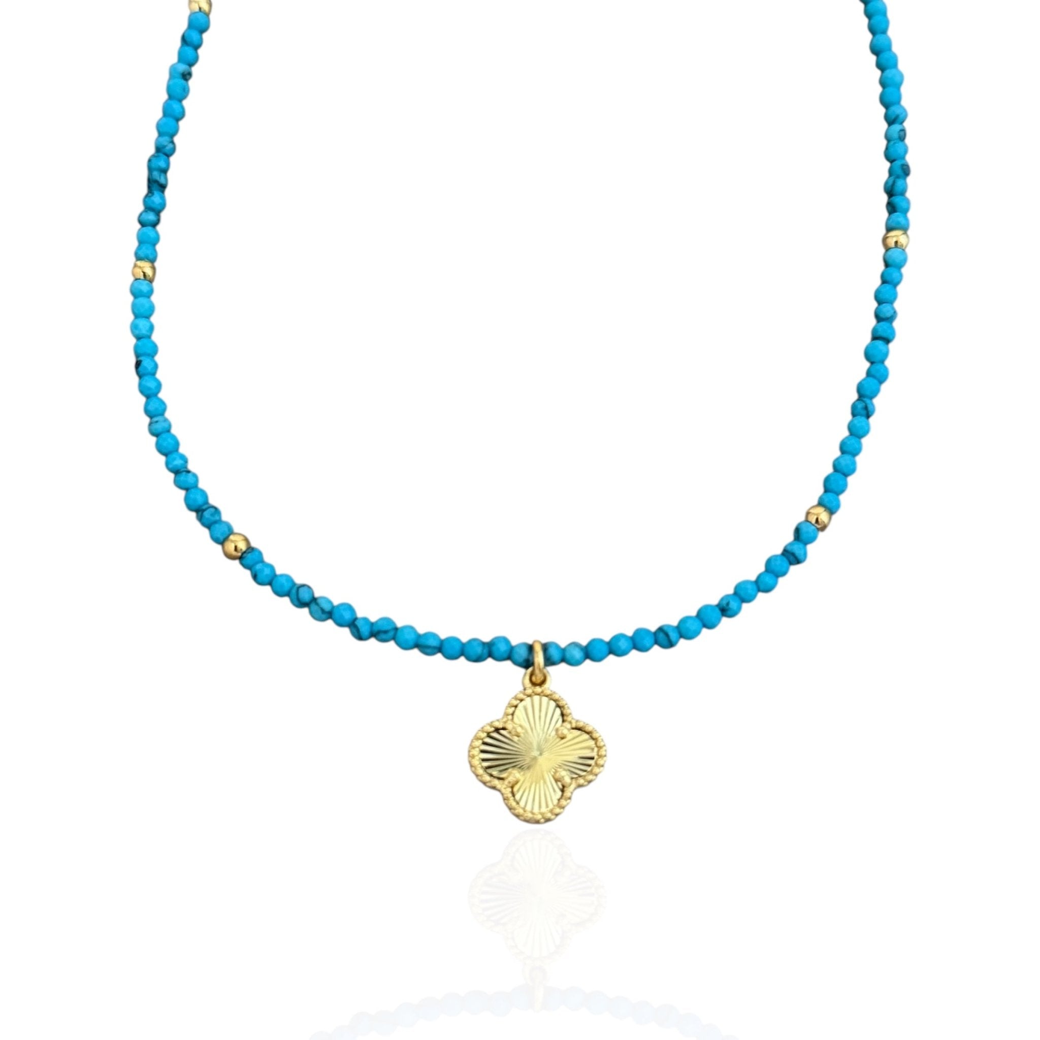 Luck and Prosperity -  Four Leaf Clover Turquoise Beaded Necklace