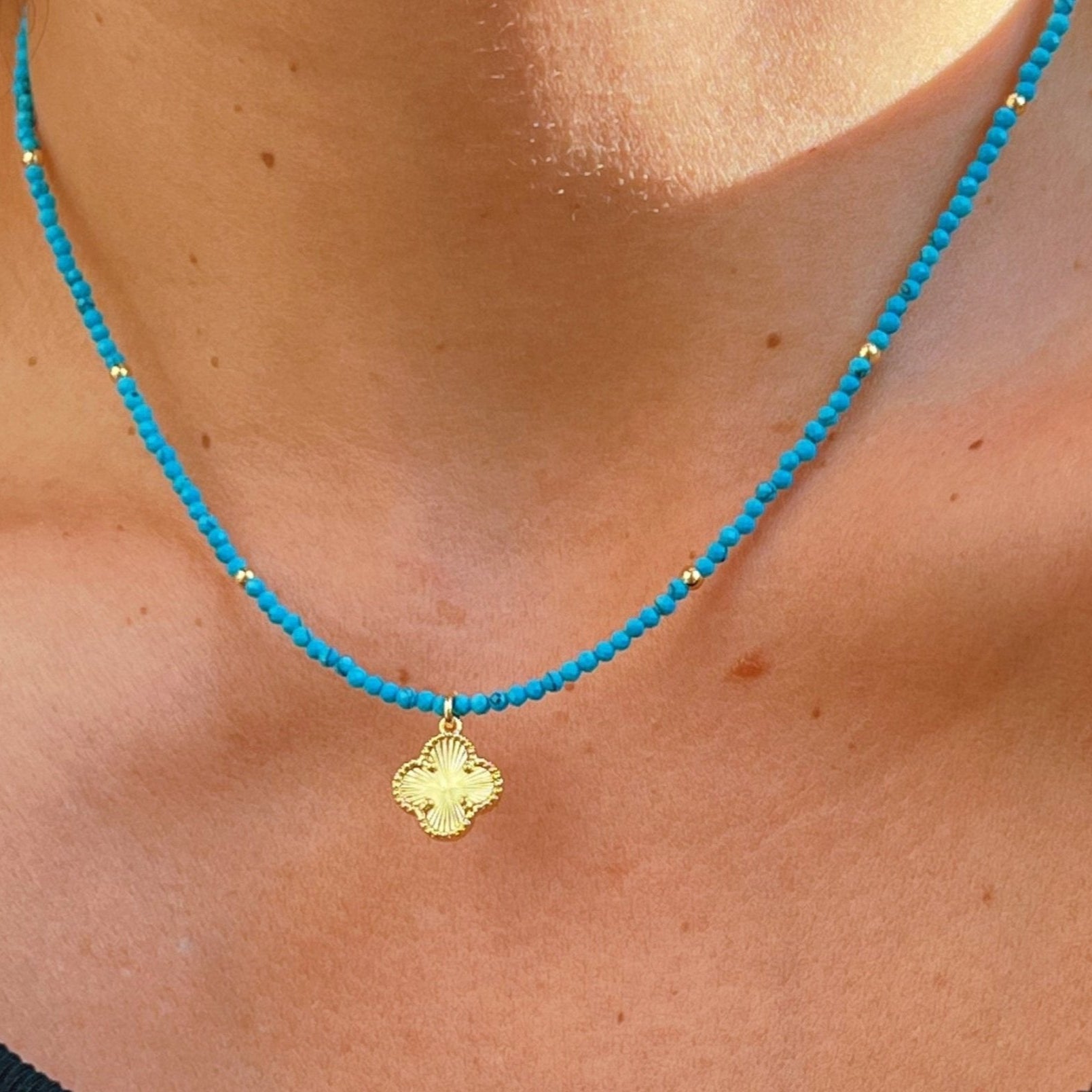 Luck and Prosperity -  Four Leaf Clover Turquoise Beaded Necklace