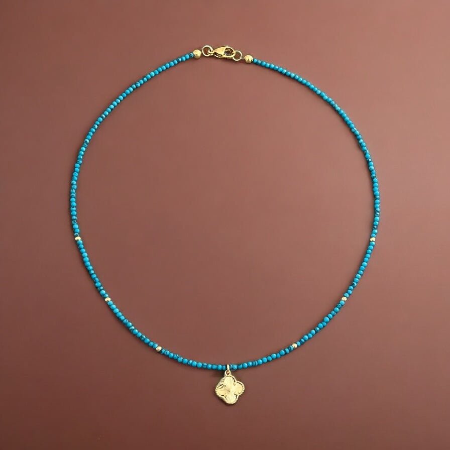 Luck and Prosperity -  Four Leaf Clover Turquoise Beaded Necklace