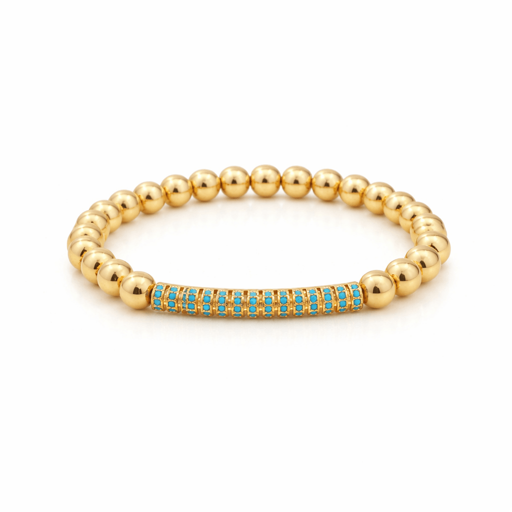 Turquoise CZ Bar Gold Beaded Bracelet